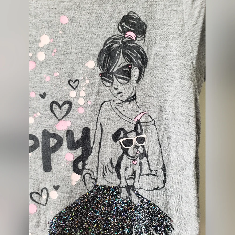 Justice Girls Gray Graphic T-Shirt with Pink Accents Neon Glitter 8 Dog